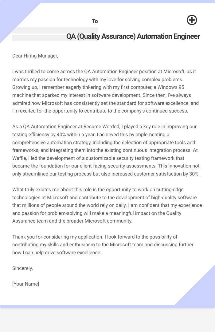 QA (Quality Assurance) Automation Engineer Cover Letter
