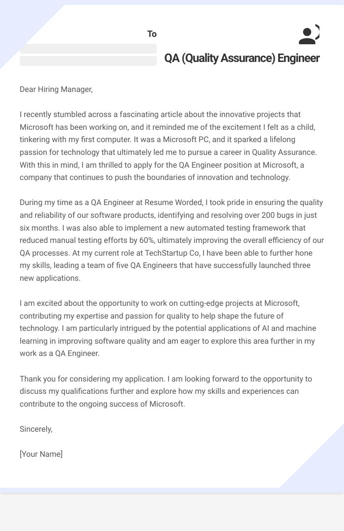 QA (Quality Assurance) Engineer Cover Letter
