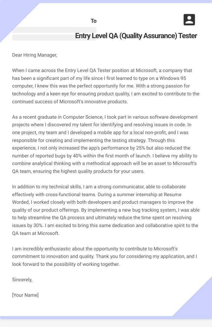 Entry Level QA (Quality Assurance) Tester Cover Letter