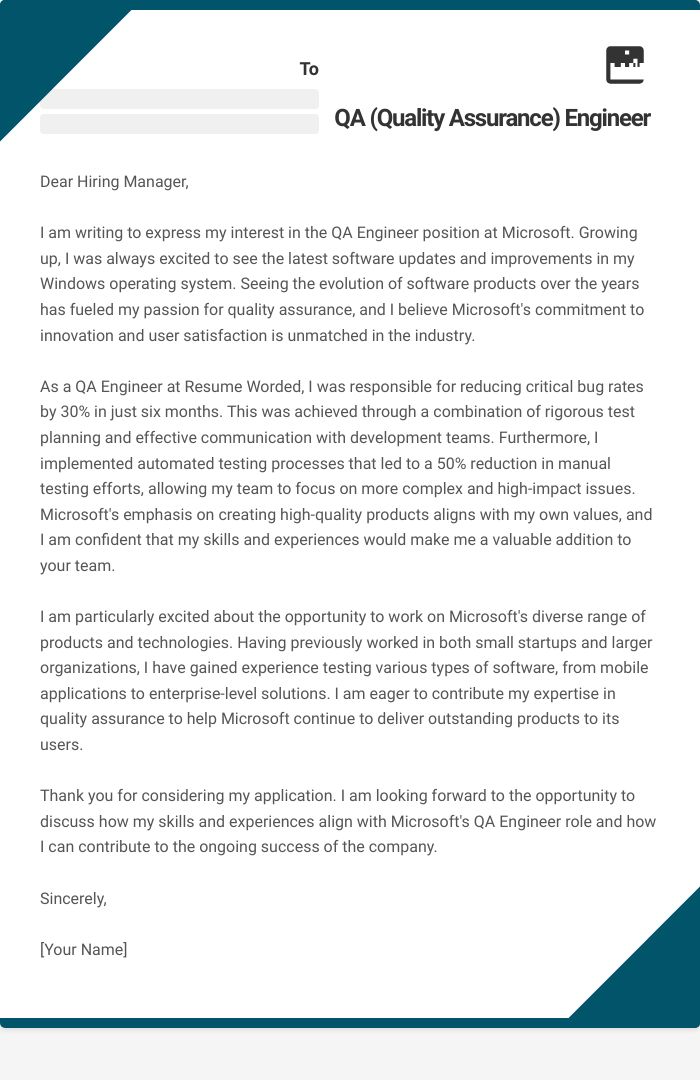 QA (Quality Assurance) Engineer Cover Letter