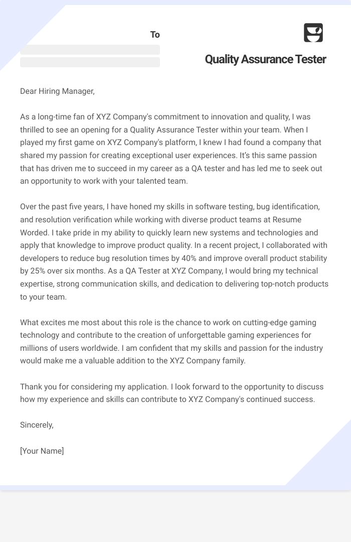 Quality Assurance Tester Cover Letter