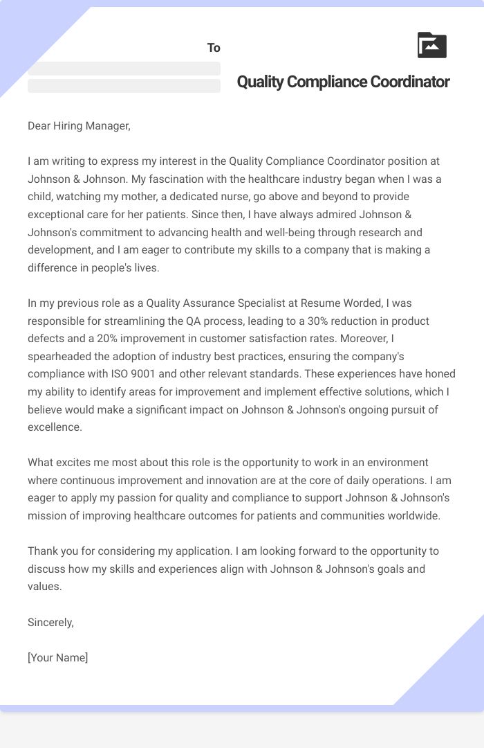 Quality Compliance Coordinator Cover Letter