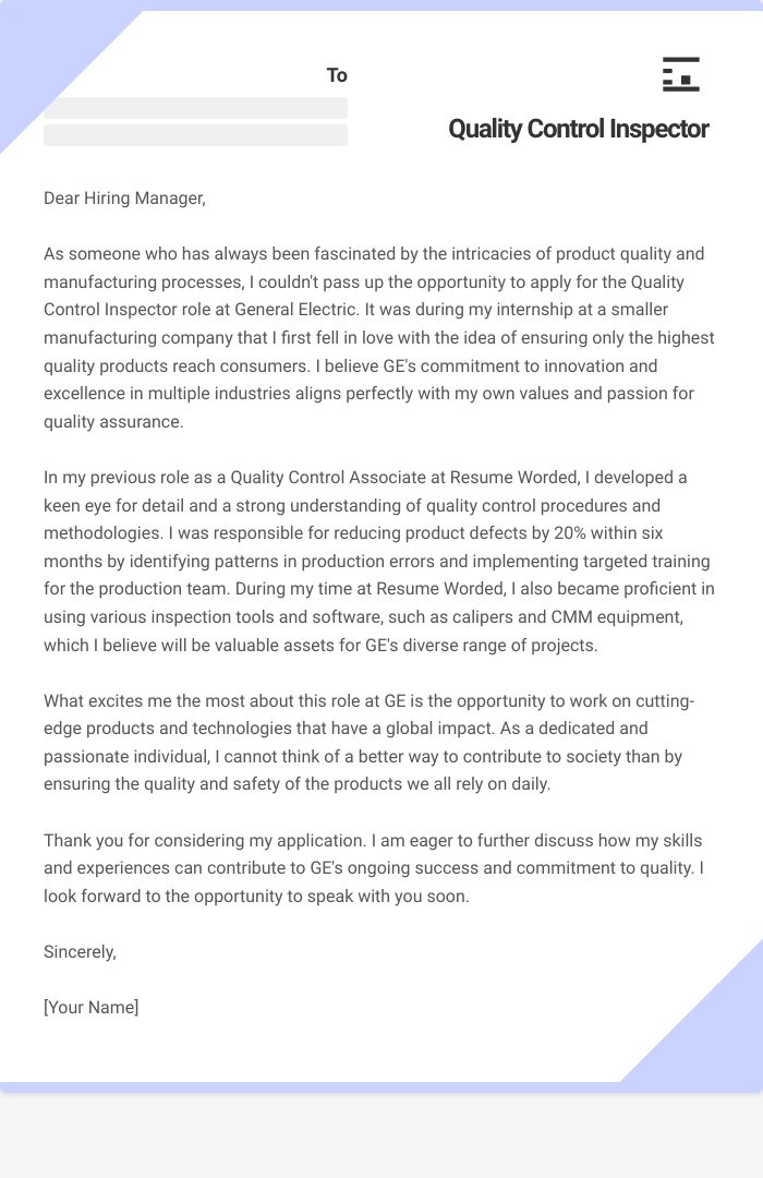 Quality Control Inspector Cover Letter