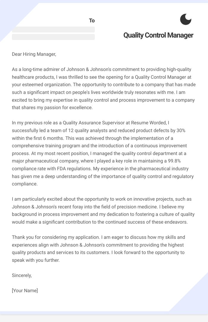 Quality Control Manager Cover Letter