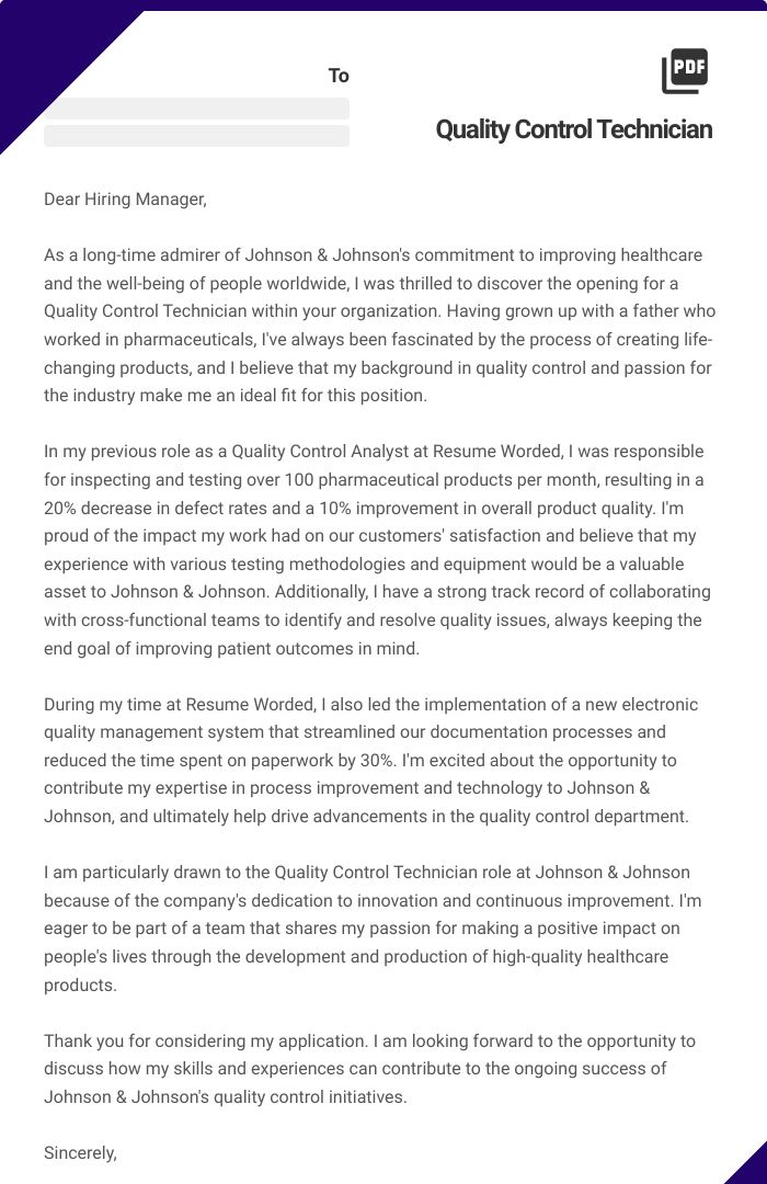 Quality Control Technician Cover Letter