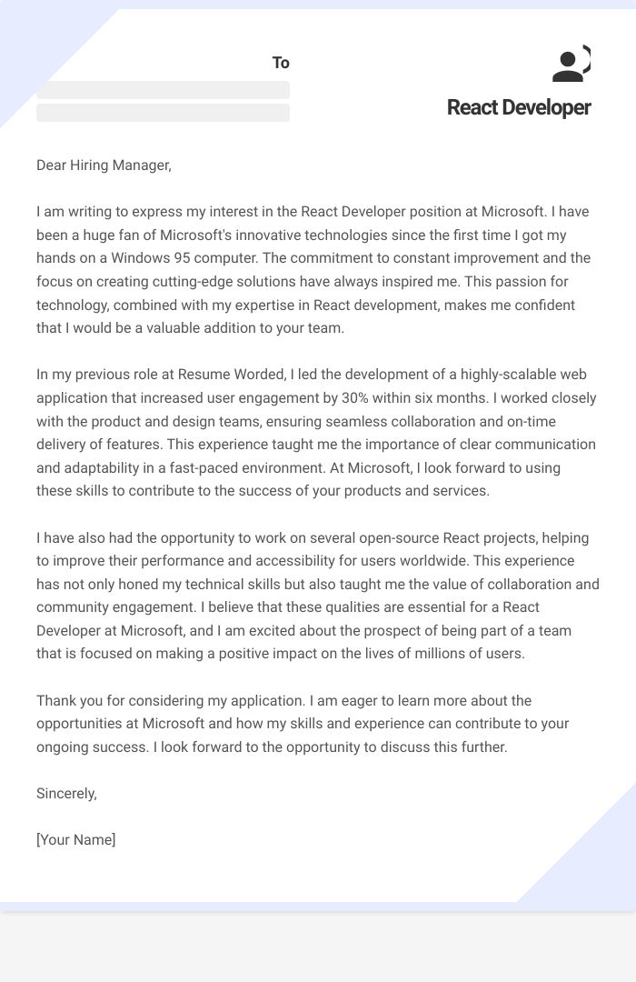 React Developer Cover Letter