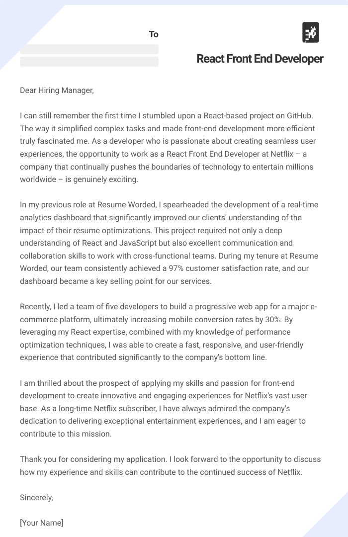 React Front End Developer Cover Letter