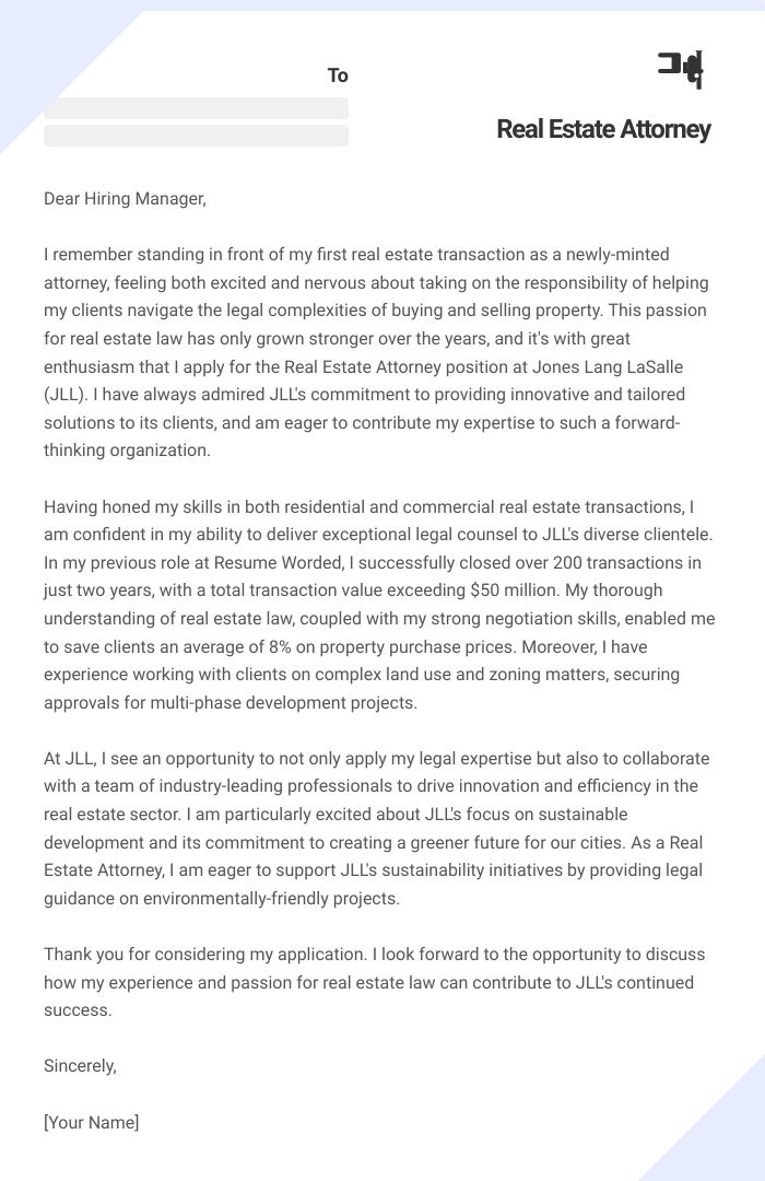 Real Estate Attorney Cover Letter