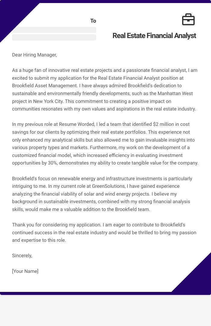 Real Estate Financial Analyst Cover Letter
