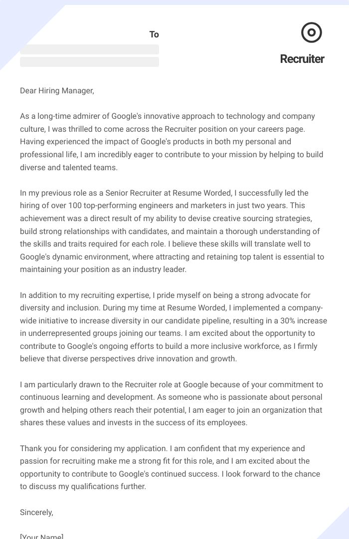 Recruiter Cover Letter