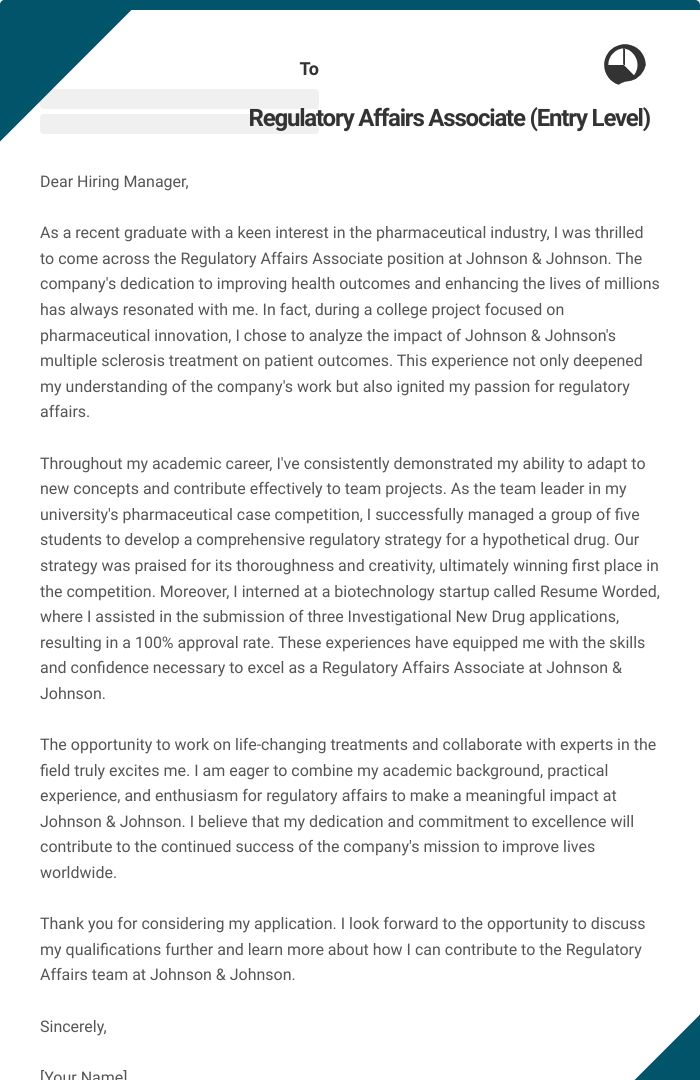 Regulatory Affairs Associate (Entry Level) Cover Letter
