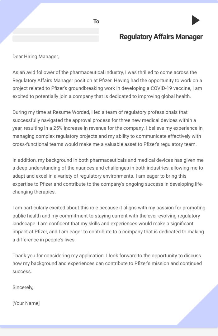 Regulatory Affairs Manager Cover Letter