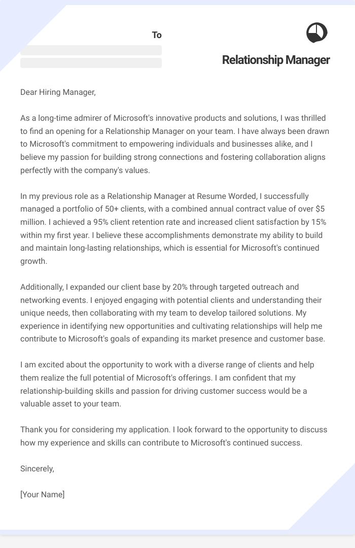 Relationship Manager Cover Letter