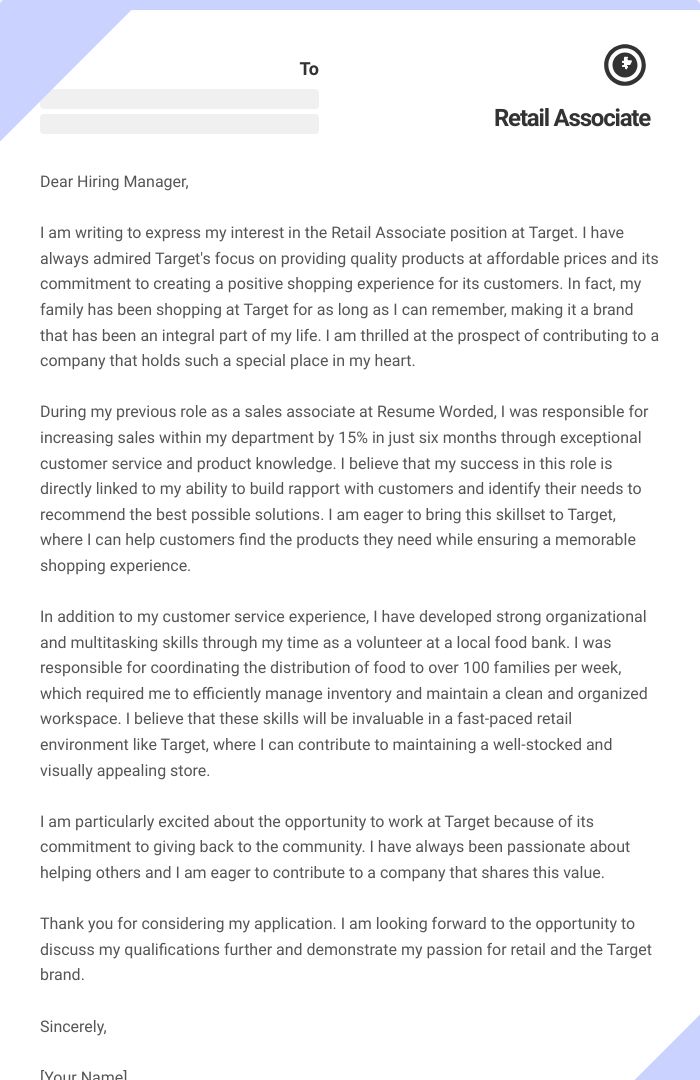 Retail Associate Cover Letter