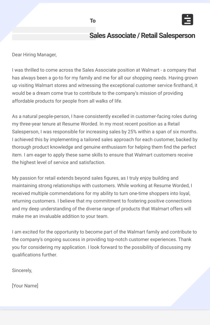 Sales Associate / Retail Salesperson Cover Letter