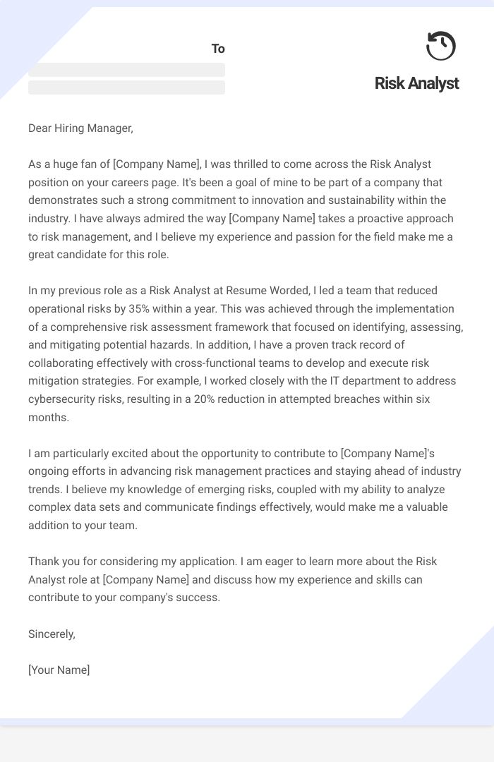 Risk Analyst Cover Letter