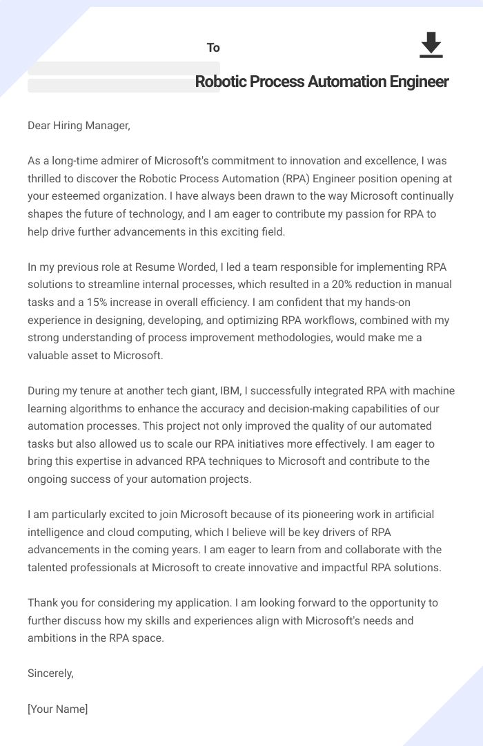 Robotic Process Automation Engineer Cover Letter
