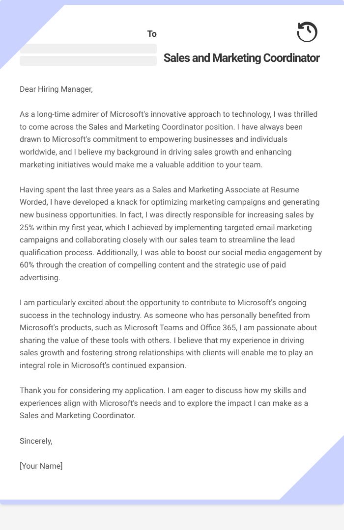 Sales and Marketing Coordinator Cover Letter