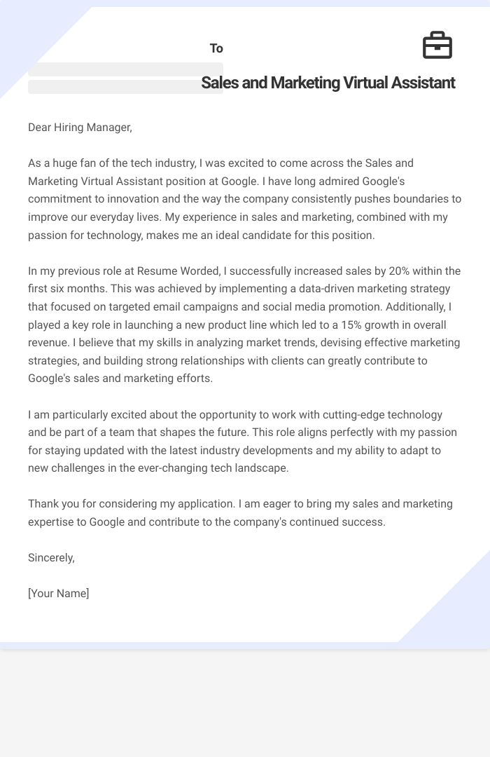 Sales and Marketing Virtual Assistant Cover Letter