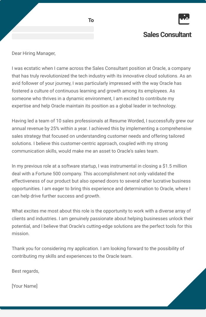 Sales Consultant Cover Letter