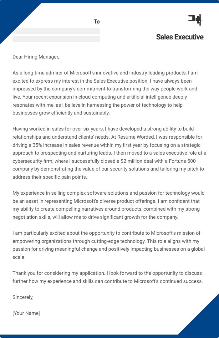 Sales Executive Cover Letter
