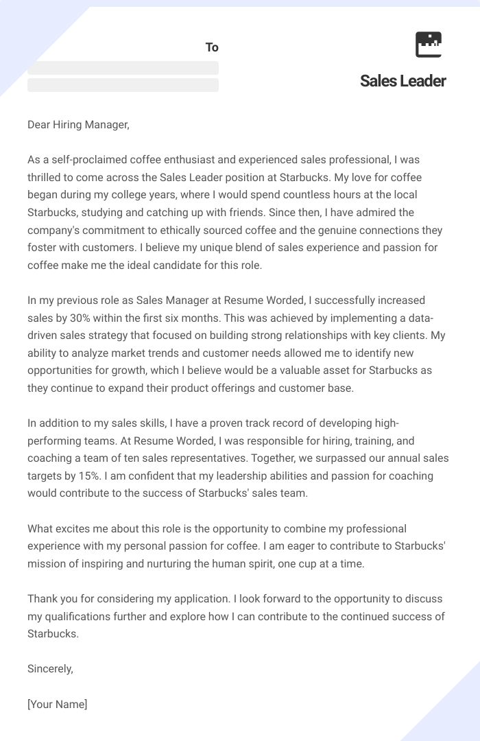 Sales Leader Cover Letter