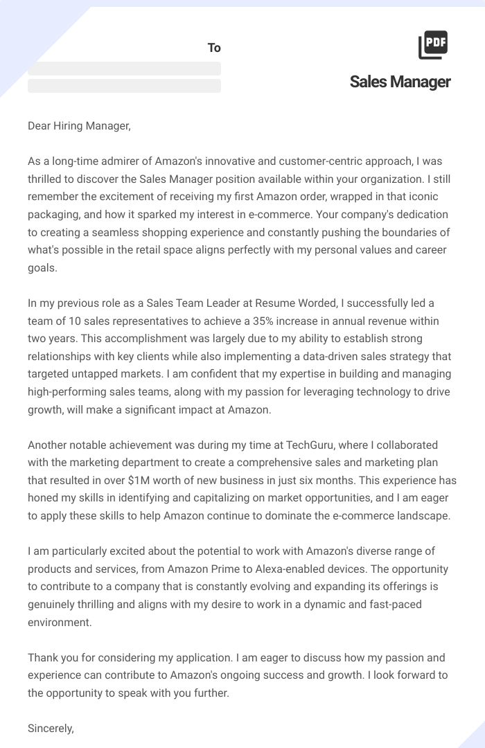 Sales Manager Cover Letter
