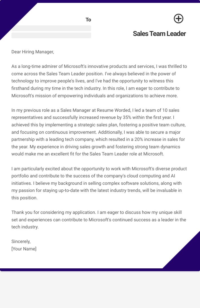 Sales Team Leader Cover Letter