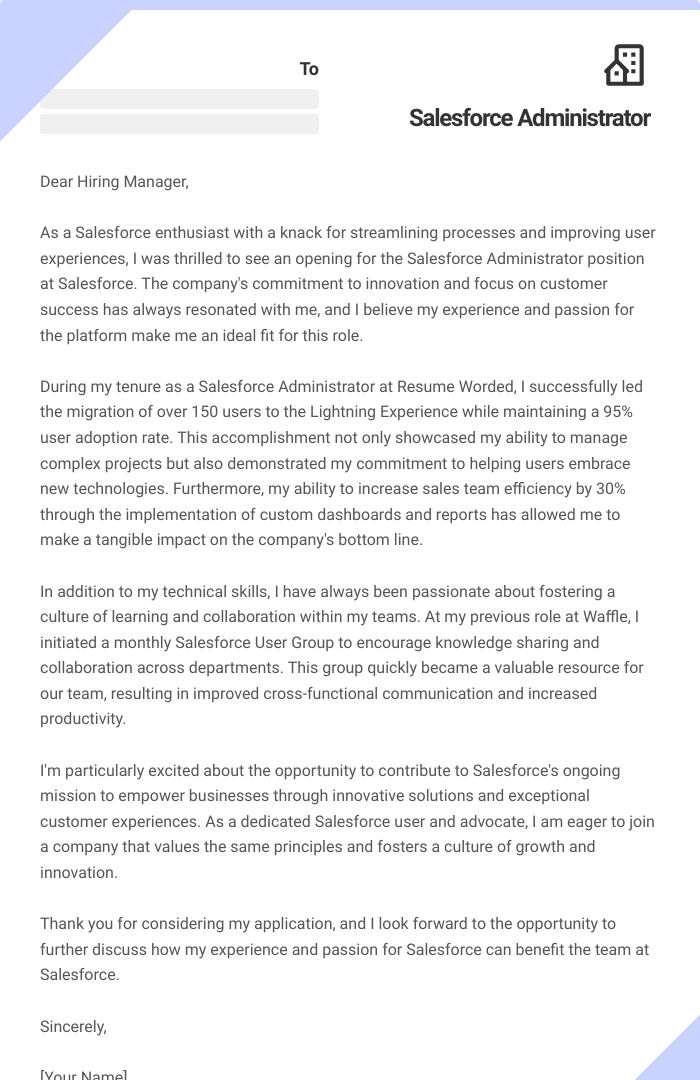 Salesforce Administrator Cover Letter