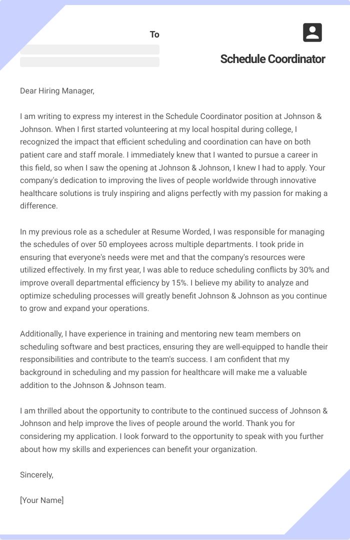 Schedule Coordinator Cover Letter
