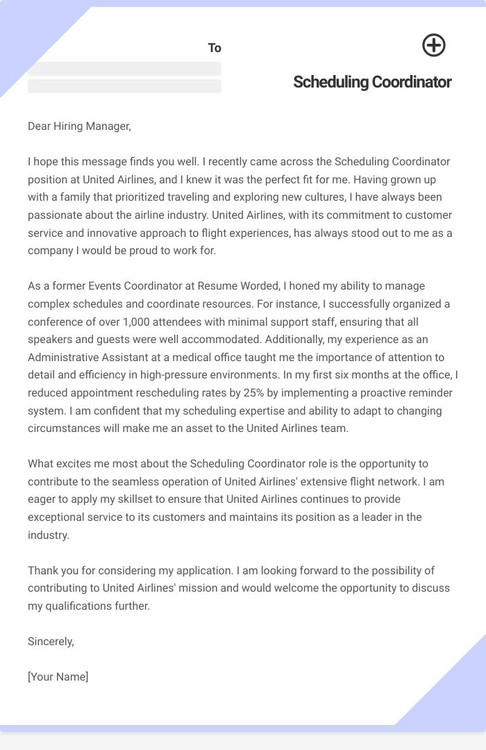 Scheduling Coordinator Cover Letter