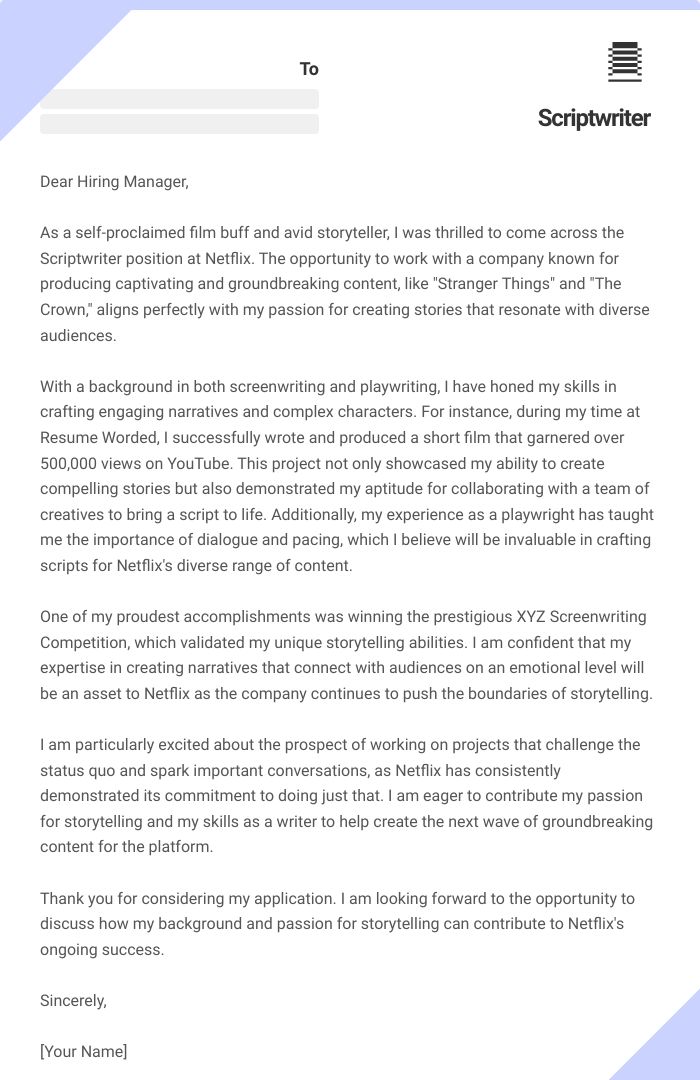Scriptwriter Cover Letter
