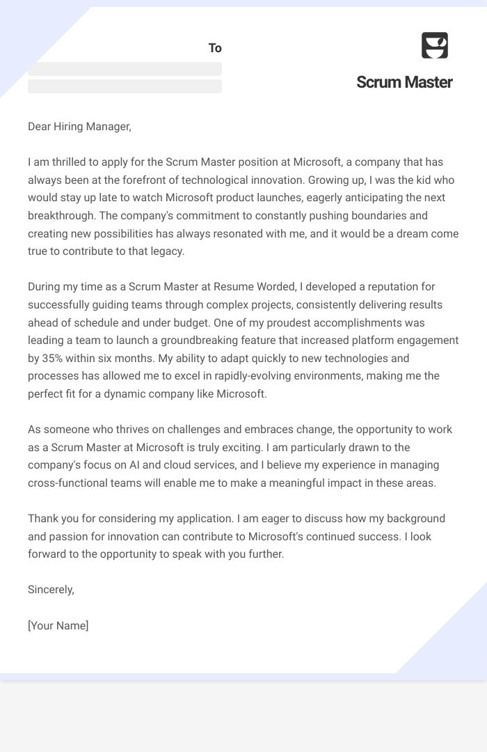 Scrum Master Cover Letter