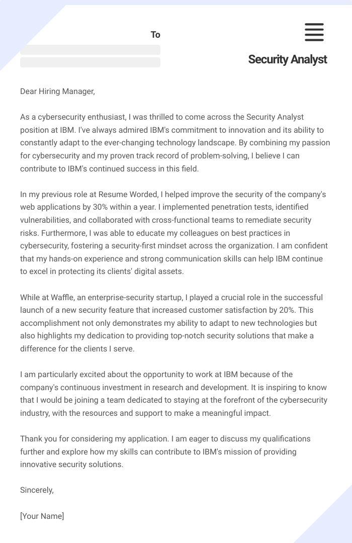 Security Analyst Cover Letter