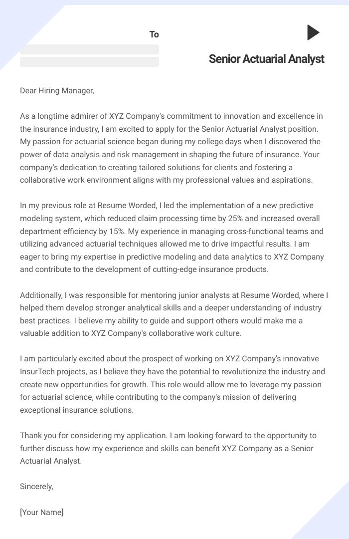Senior Actuarial Analyst Cover Letter