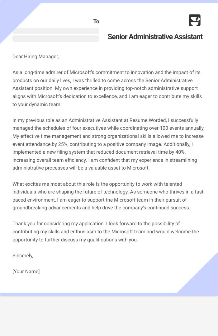Senior Administrative Assistant Cover Letter