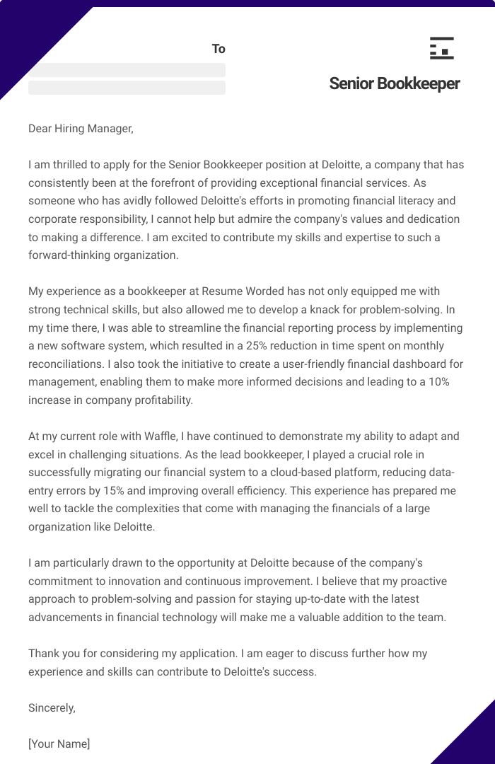 Senior Bookkeeper Cover Letter
