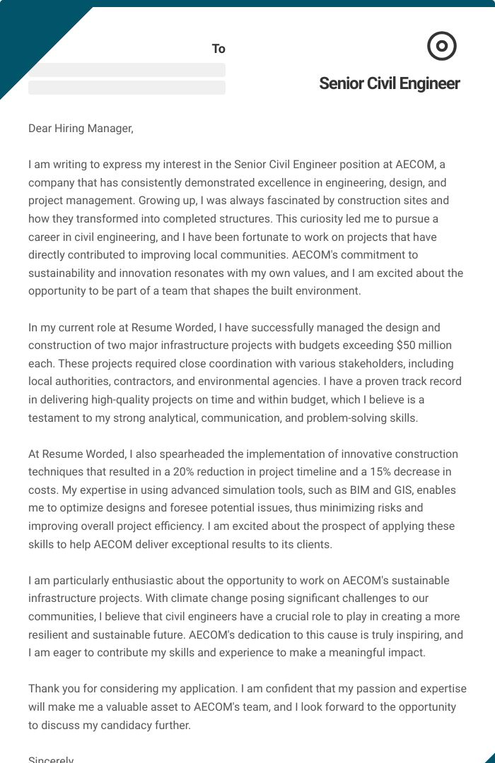 Senior Civil Engineer Cover Letter
