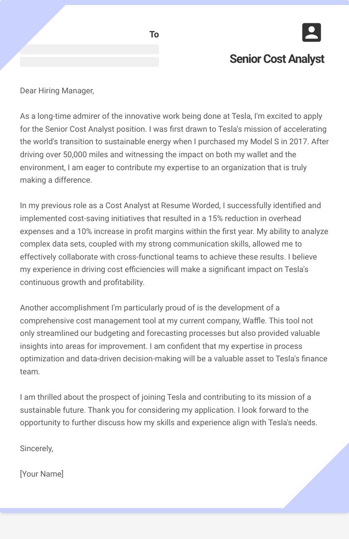Senior Cost Analyst Cover Letter