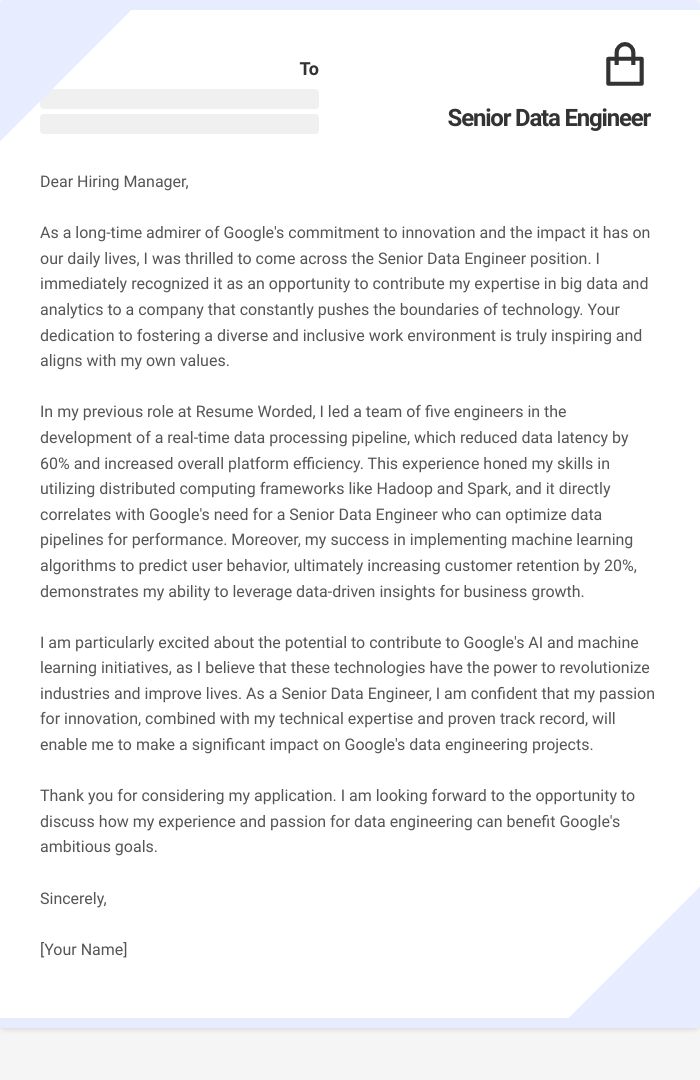 Senior Data Engineer Cover Letter