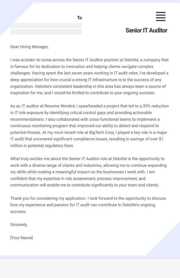 Senior IT Auditor Cover Letter
