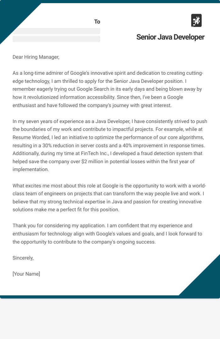 Senior Java Developer Cover Letter