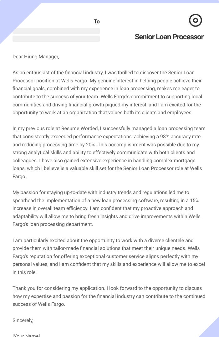 Senior Loan Processor Cover Letter