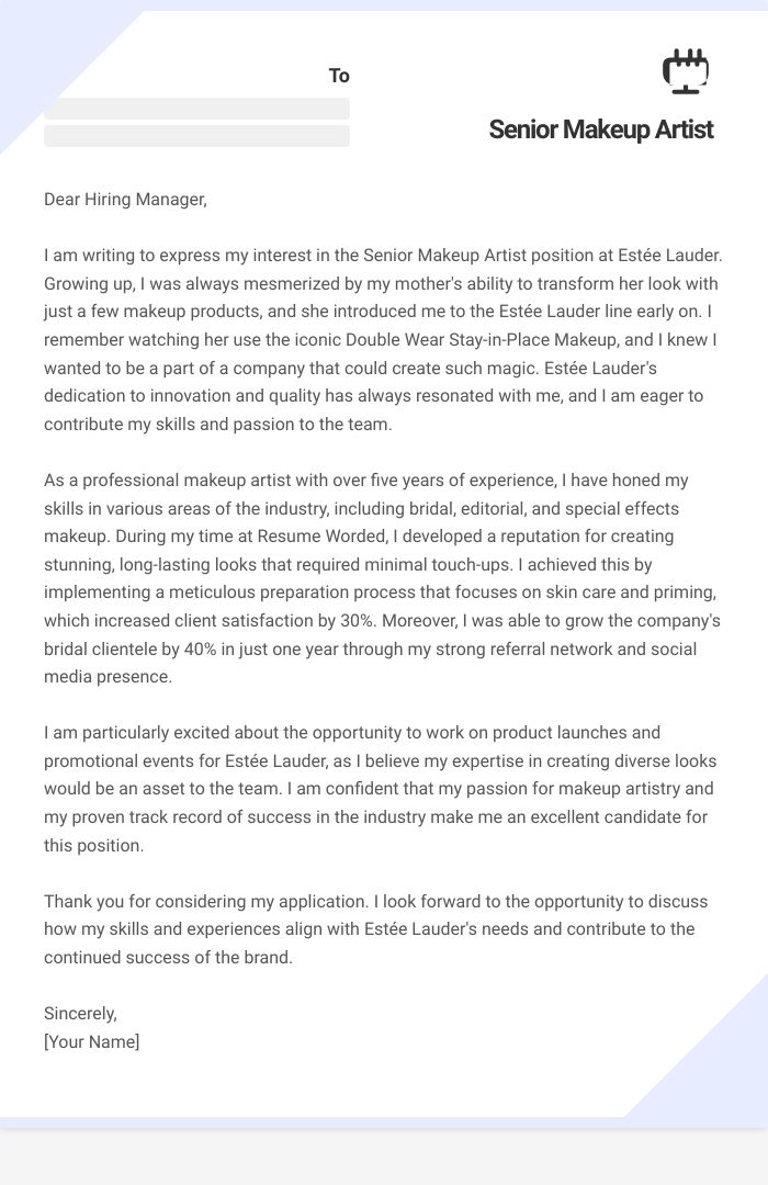 Senior Makeup Artist Cover Letter