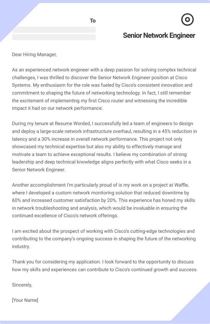 Senior Network Engineer Cover Letter