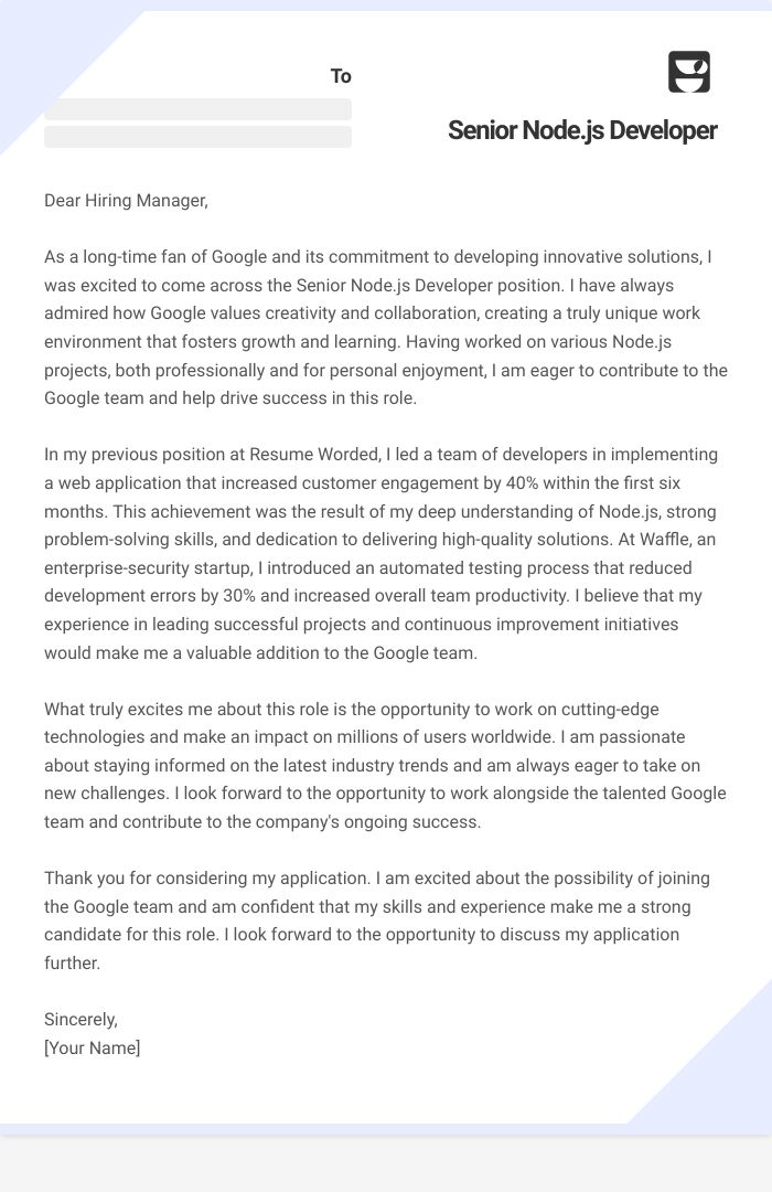 Senior Node.js Developer Cover Letter