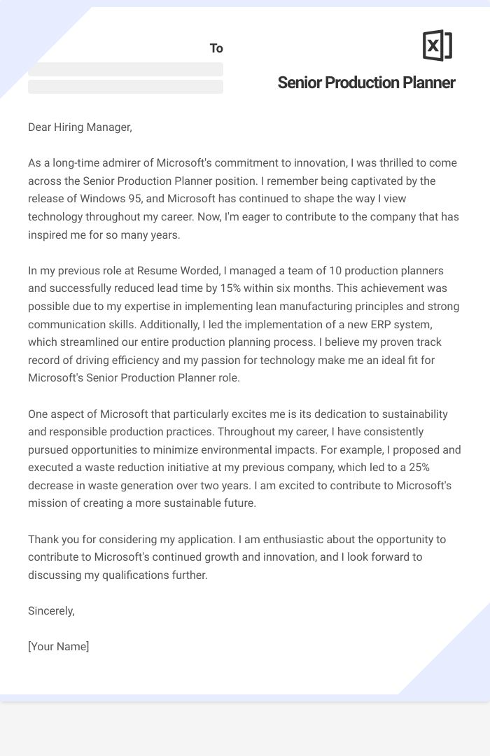 Senior Production Planner Cover Letter