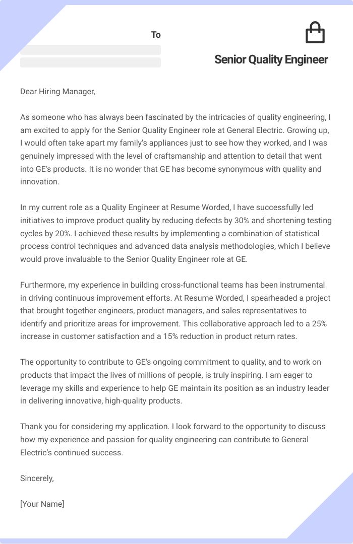 Senior Quality Engineer Cover Letter