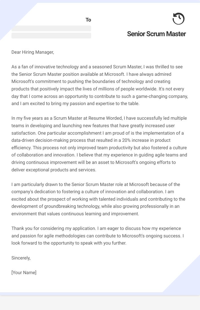 Senior Scrum Master Cover Letter