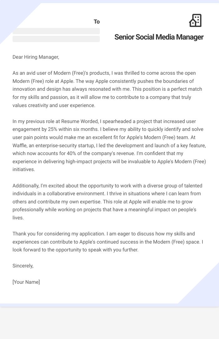 Senior Social Media Manager Cover Letter